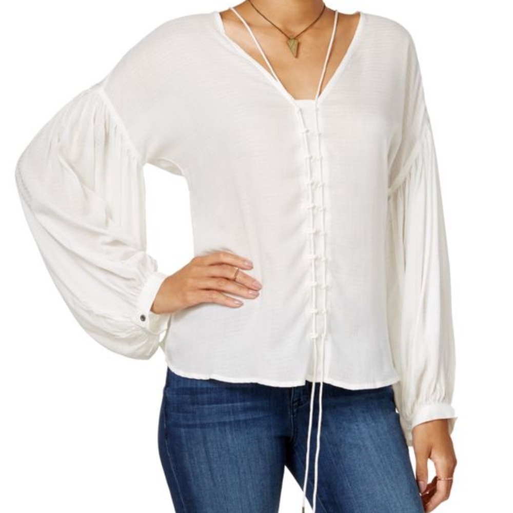 William Rast white lace up blouse with puffy sleeves